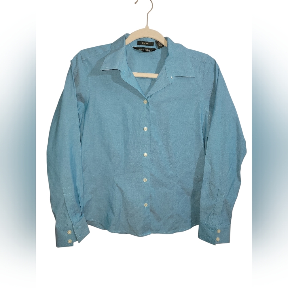 Eddie Bauer Women's Petite S Blue Button Down Shirt Wrinkle-Resistant Stretch